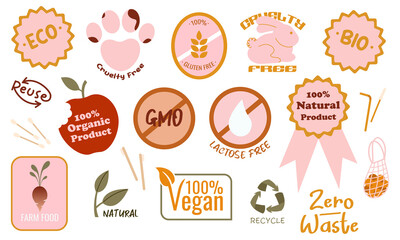 Sustainability icons and symbols set. Eco Bio Vegan Zero waste.
