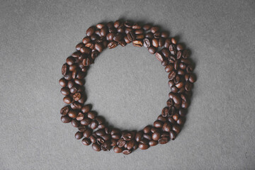 Round circle shape made from coffee beans valentines day