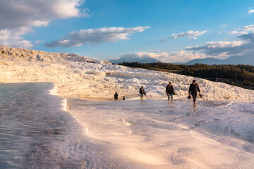 Pamukkale thermal pools in winter golden hour