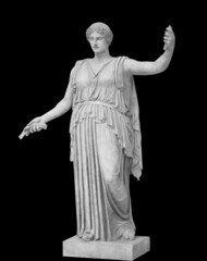 Statue of roman Ceres or greek Demeter isolated on black with clipping path. Goddess of agriculture, harvest, grain, and the love between mother and child. Ancient sculpture - obrazy, fototapety, plakaty