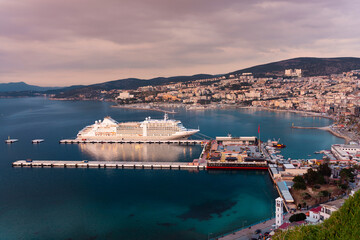 Luxury cruiser in the Mediterranean harbour in the evening's golden hour