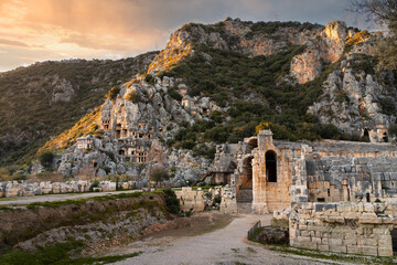 Naklejka premium Ancient ruins of Myrna city with rock tombs