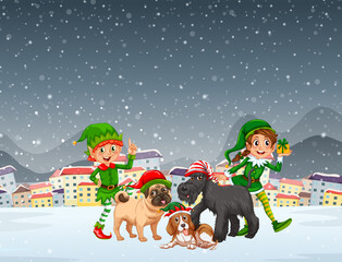 Snowy christmas night scene with elves and dogs