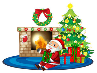 Santa Claus sitting front fireplace with many gift boxes