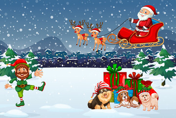 Snowy night scene with elf and dogs in cartoon style