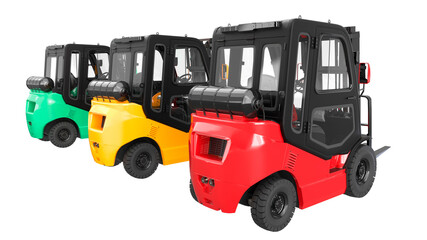 3D rendering of a group of forklift trucks in different colors on a white background