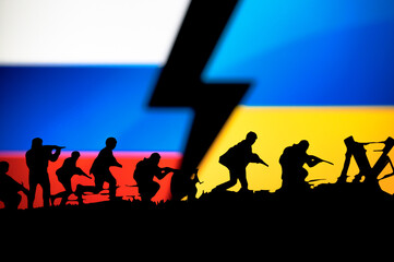 War in Ukraine. Russia attack Ukraine. Illustration Photo. Silhouette of Soldiers, National Flag in Background. Conflict in Europe