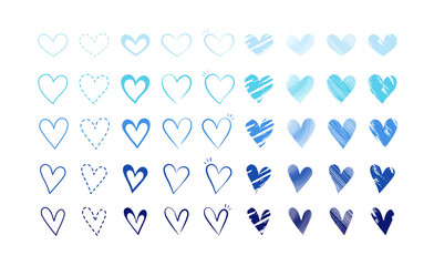 Valentine's hearts set in blue tones. Variety of cute hand drawn hearts with different styles, textures and effects