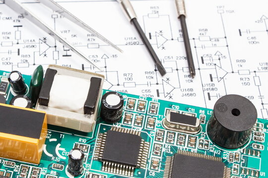 Printed circuit board, precision tools and diagram of electronics. Technology