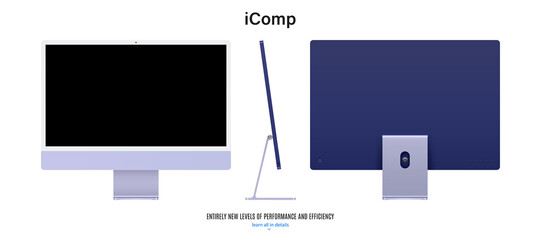 computer monitor purple color with black screen saver front, back and side view isolated on white background. realistic and detailed mockup of display for system unit. stock vector illustration