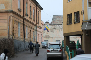 Lviv, Ukraine - 5th of March, 2014: Ukrainian flag is hanging on the street. High quality photo