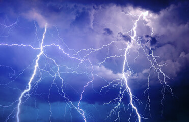 Fototapeta premium Lightning, thunder and rain during summer storm at night.