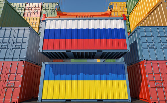 Cargo containers with Russia and Ukraine national flags. 3D Rendering 