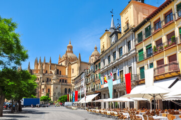 Fototapeta na wymiar Segovia old town streets with Segovia Cathedral at background, Spain
