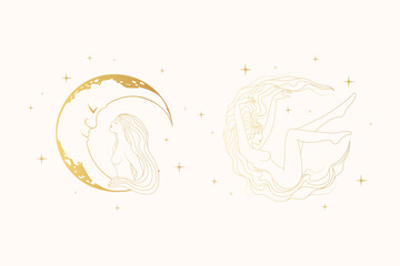 Celestial women  vector boho illustrations. Golden set of goddesses against the backdrop of the starry sky and the moon. Line art design elements for feminine astrology card template or poster.