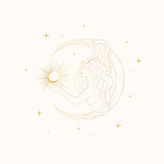An elegant golden figure of a  goddess sitting on the moon and holding the sun in her hands. Celestial line vector illustration for a chic tattoo, poster, tapestry or greeting card. © Kirill