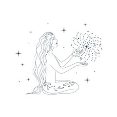 Graceful figure of the beautiful goddess creating the planets against the background of the starry sky. Celestial line art vector illustration for chic tattoo, poster, tapestry or greeting card.