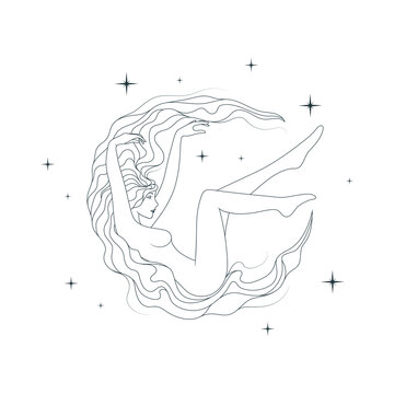 A beautiful goddess  on the starry sky background. Esoteric theme, magic symbol. Celestial vector illustration, women line art.