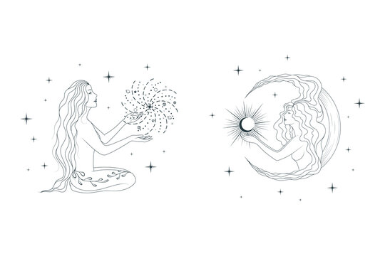 Celestial female boho vector illustrations. A set of  goddesses on the background of the starry sky, holding planets and the sun in their hands. Line art elements for  esoteric card, tattoo or poster.