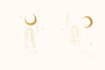 Celestial women line art golden vector set. Cosmic goddesses against the background of the starry sky and the moon. Esoteric hand drawn illustrations for greeting cards, posters and chic tattoos.