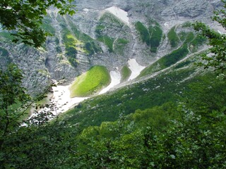 Scenic view of an alpine landscape at Vrata valley in Julian alps and Triglav national park in...