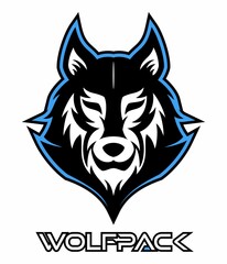 Blue and white color vector wolf head logo design, isolated on white background.