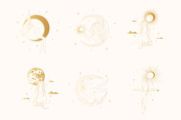 Celestial women  vector boho illustrations. Golden set of goddesses silhouettes against the backdrop of the starry sky, the sun, planets and the moon. Line art elements for greeting card and posters. © Kirill