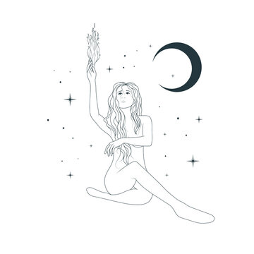 Celestial goddess holds fire in her hands against the background of the starry sky and the moon. Vector illustration of feminine art for greeting cards, posters and chic tattoos.