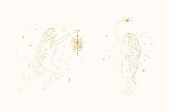 Celestial women line art golden vector set. Cosmic goddesses against the background of the starry sky. Esoteric hand drawn illustrations for greeting cards, posters and chic tattoos.