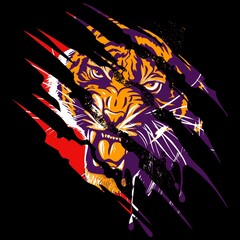Roaring, angry tiger face, vector tiger head illustration with the claws scratch. - obrazy, fototapety, plakaty