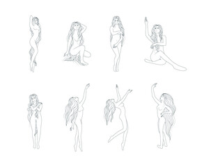 Graceful long-haired naked female in different poses .  Collection of women line art style vector illustration. Boho  linear drawing for femininity poster, card, tattoo  or fashion print.