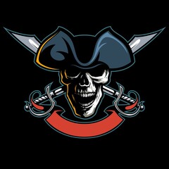 Vector human skull with the pirate hat, two crossed swords and red ribbon banner at the bottom, pirate poster design on black background.