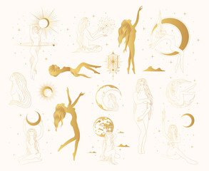 Celestial women art collection. Graceful goddesses golden silhouettes against the backdrop of the starry sky. Set of  feminine line art vector illustrations in boho style for card and posters. © Kirill