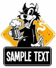 Happy smiling drunk cat cartoon character, holding the beer mug. Isolated on white background.