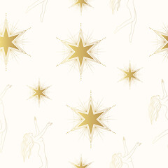 Graceful goddess against the celestial backdrop of sparkling stars. Golden vector seamless pattern of esoteric symbols in line style for wrapping paper,  cards, wallpapers, banners.