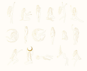 Celestial goddesses isolated on white background. Golden set of 17 women line art vector illustrations in boho style for card and  femininity posters.