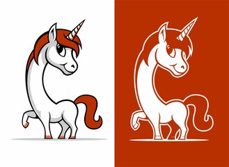 Vector cute unicorn cartoon character, isolated on white and red background.