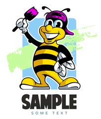Naklejka premium Cartoon style bee character holding the paint brush, isolated on white background.