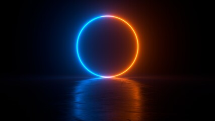 Abstract neon background with orange blue glowing ring on dark background. Empty glowing techno backdrop. Luminous swirling. Floor reflection. Frame, circle, ring shape, empty space. 3D illustration