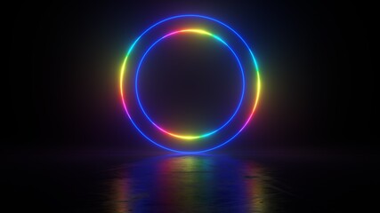 Abstract neon background with multicolored glowing ring on dark background. Empty glowing techno backdrop. Luminous swirling. Floor reflection. Frame, circle, ring shape, empty space. 3D illustration