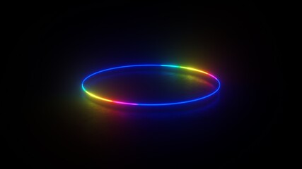 Abstract neon background with multicolored glowing ring on dark background. Empty glowing techno backdrop. Luminous swirling. Floor reflection. Frame, circle, ring shape, empty space. 3D illustration