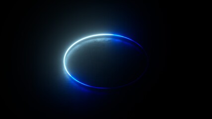Abstract neon background with glowing white blue ring on dark background. Empty glowing techno backdrop. Luminous swirling. Floor reflection. Frame, circle, ring shape, empty space. 3D illustration