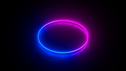 Abstract neon background with glowing blue pink ring on dark background. Empty glowing techno backdrop. Luminous swirling. Floor reflection. Frame, circle, ring shape, empty space. 3D illustration