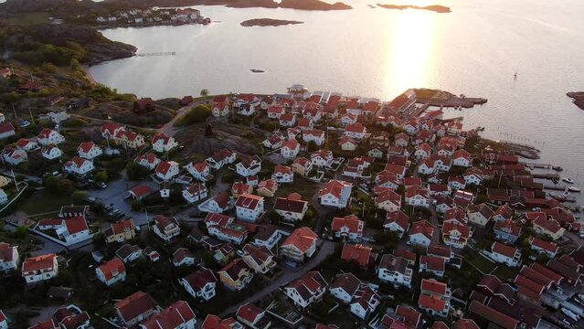 Aerial circling on picturesque Fiskeback village, Gothenburg in Sweden