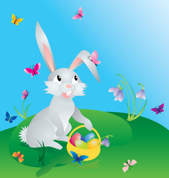 Easter bunny with eggs and butterflies