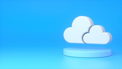 White cloud sign on a light blue podium on a blue background. The concept of weather, data centers, information, cloud services, business. 3d rendering