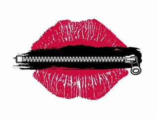 Pink lipstick kiss, female lips with zipper, isolated on white background. © Matt