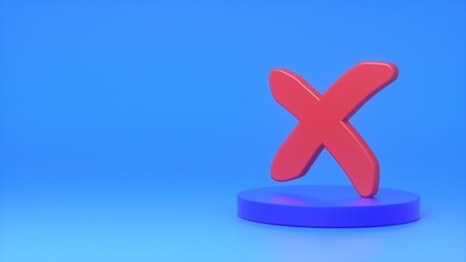 Red cross sign on a dark blue podium on a blue background. Concept of cancellation, failed execution, business, reporting and marketing. 3d rendering