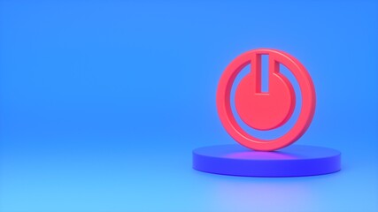 Red power button sign on a dark blue podium on a blue background. The concept of business, growth, opportunities, video, stop. 3d rendering - obrazy, fototapety, plakaty