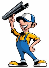 Cartoon style man worker, gutter installer with the gutter piece, isolated on white background.